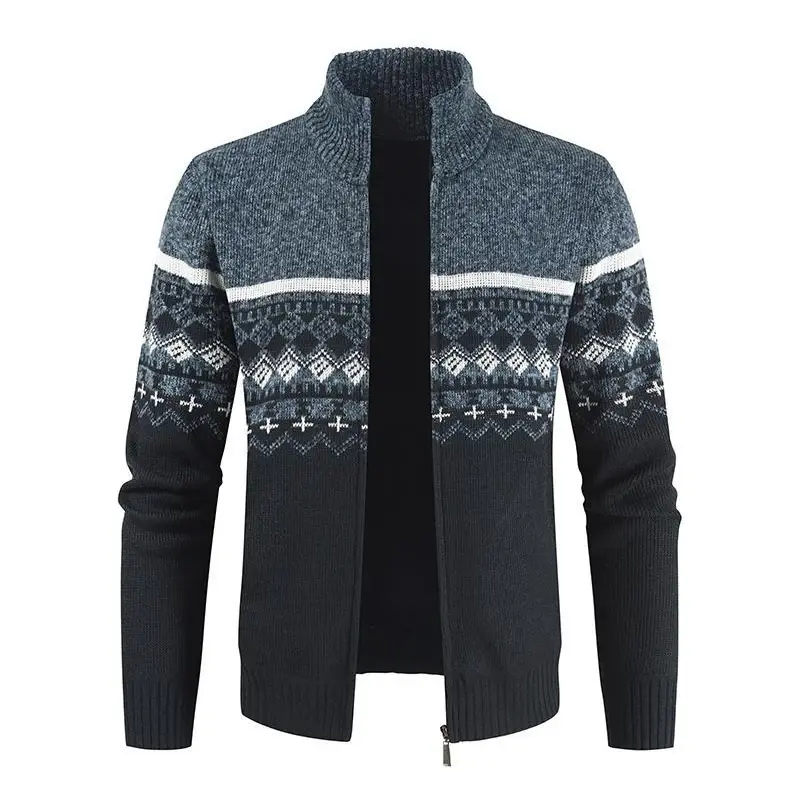 2025 New Men's Casual High Neck Long Sleeved Knitted Top with Diamond Pattern Autumn and Winter Fashionable Versatile Jacket