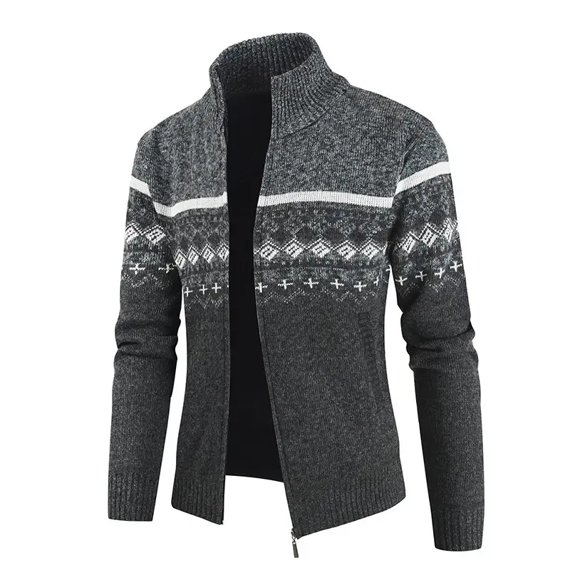 2025 New Men's Casual High Neck Long Sleeved Knitted Top with Diamond Pattern Autumn and Winter Fashionable Versatile Jacket