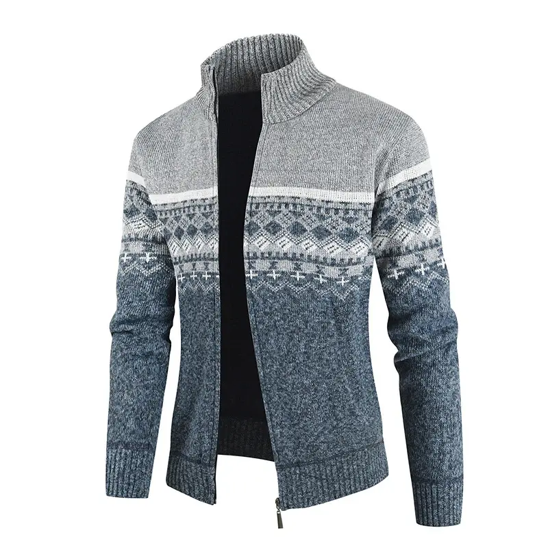 2025 New Men's Casual High Neck Long Sleeved Knitted Top with Diamond Pattern Autumn and Winter Fashionable Versatile Jacket