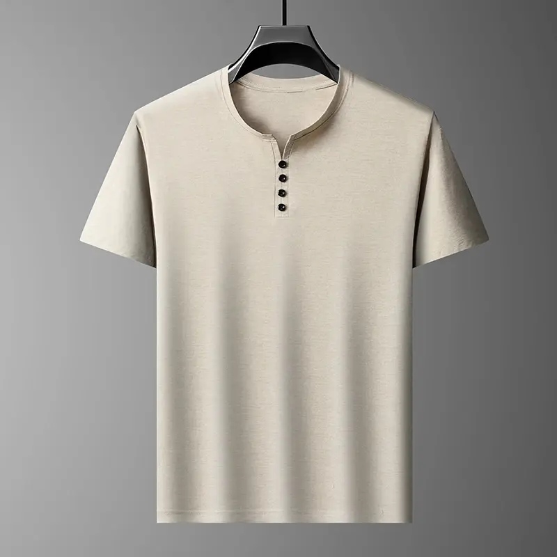 New Men's Casual and Fashionable Four Button Round Neck Short Sleeved T-shirt Summer Comfortable Solid Color Versatile Top