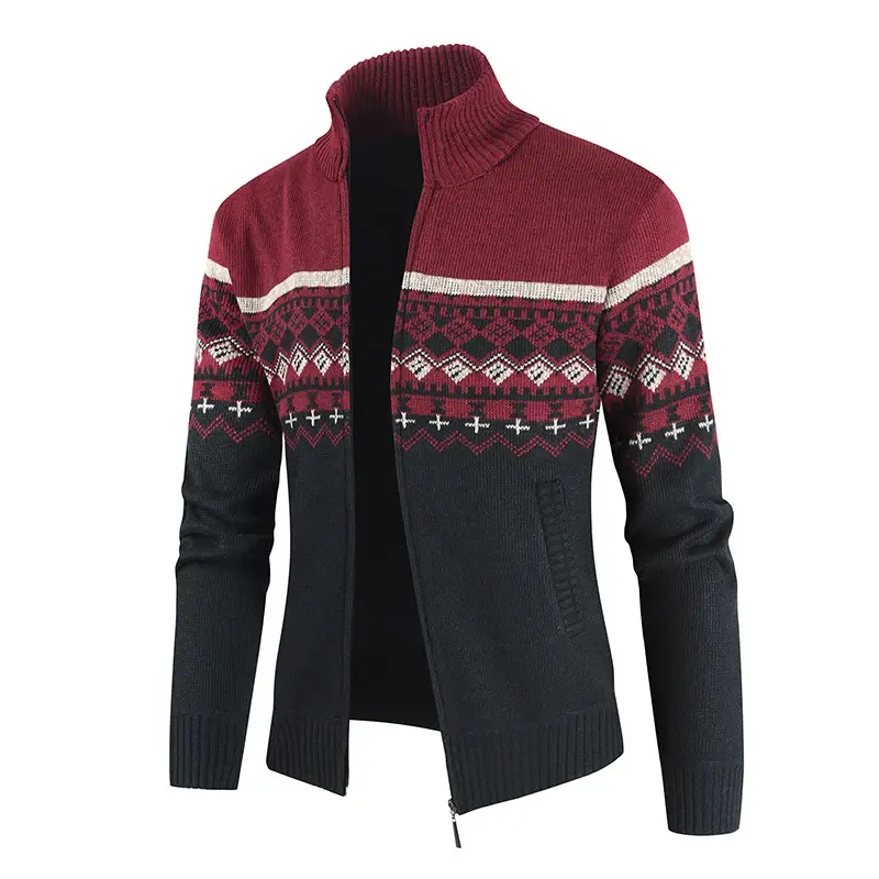 2025 New Men's Casual High Neck Long Sleeved Knitted Top with Diamond Pattern Autumn and Winter Fashionable Versatile Jacket