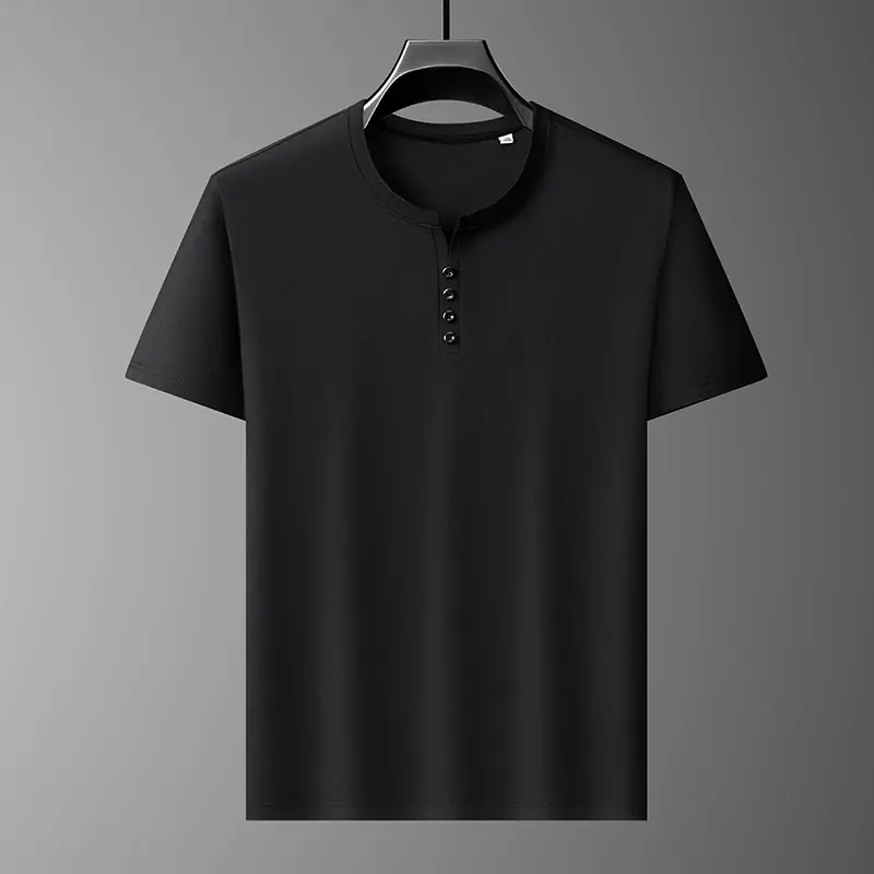 New Men's Casual and Fashionable Four Button Round Neck Short Sleeved T-shirt Summer Comfortable Solid Color Versatile Top
