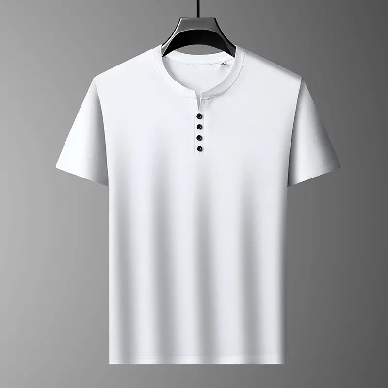 New Men's Casual and Fashionable Four Button Round Neck Short Sleeved T-shirt Summer Comfortable Solid Color Versatile Top