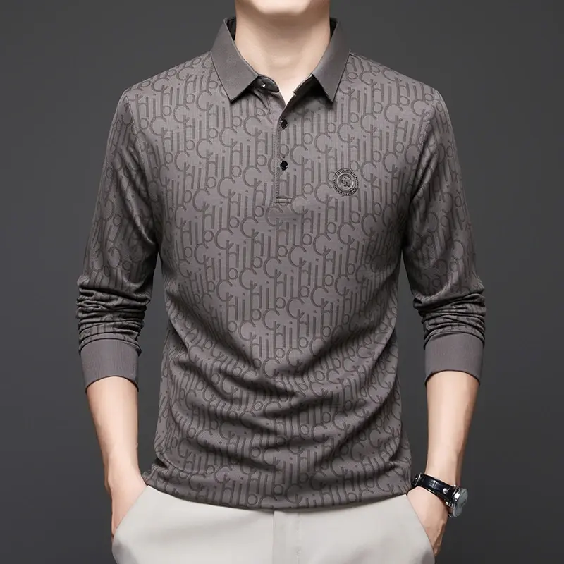 New Men's Business Casual Long Sleeved Shirt with Badge Solid Color Polo Shirt Fashionable Breathable Comfortable Versatile Top