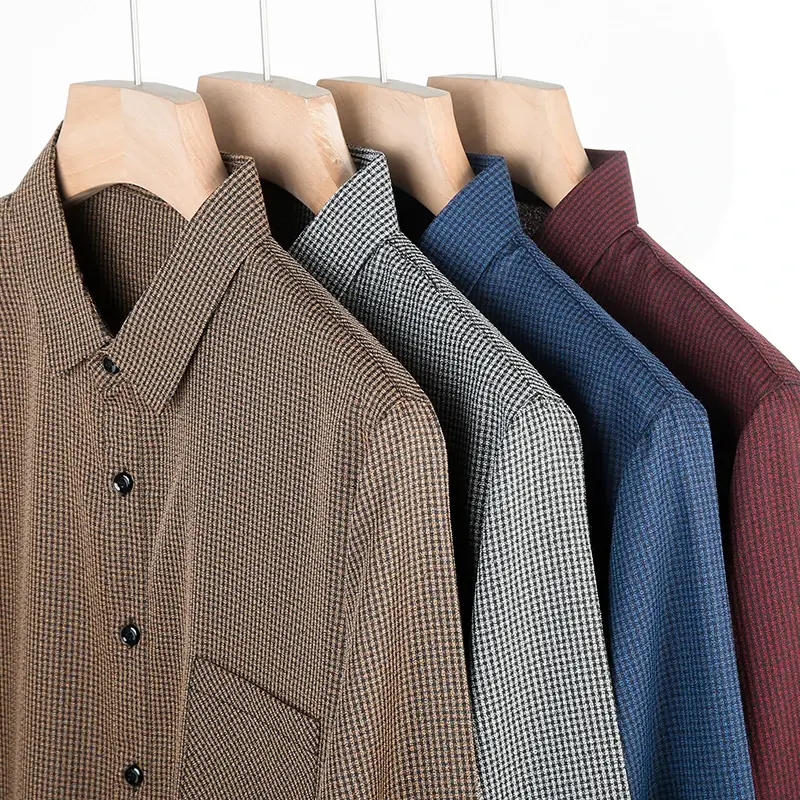 New Men's Casual Small Plaid Long Sleeved Lapel Shirt for Spring and Autumn Fashion Comfortable Wrinkle Free Top Without Ironing