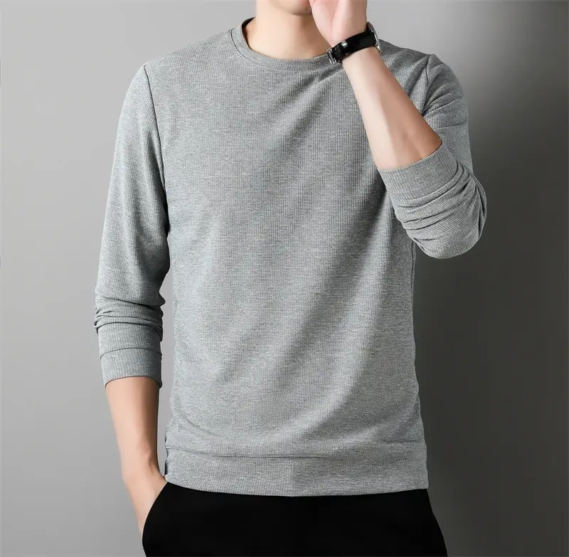 New Men's Business Casual Long Sleeved Solid Color Round Neck T-shirt for Autumn Winter Comfortable Fashionable Versatile Top