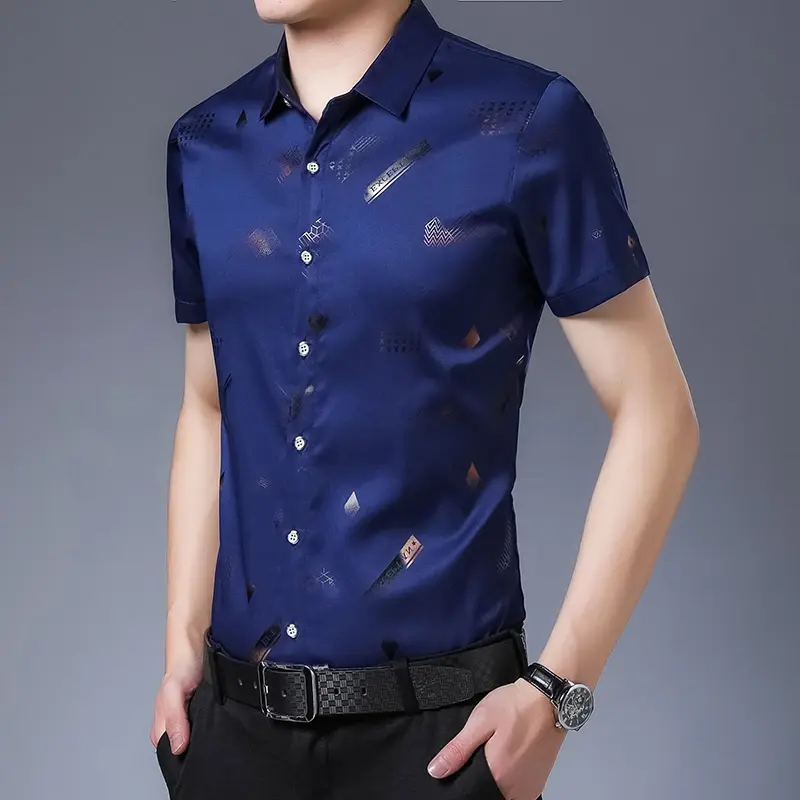 New Men's Business Casual Short Sleeved Printed Shirt with Wrinkle Resistance No Ironing Comfortable All Season Versatile Top