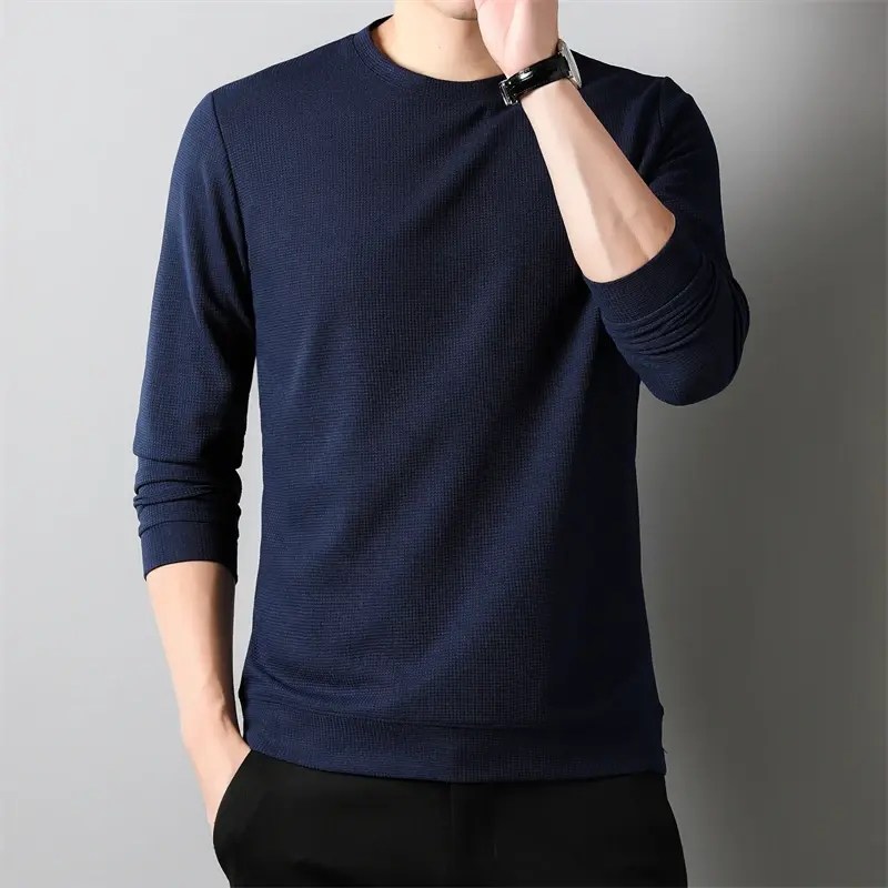 New Men's Business Casual Long Sleeved Solid Color Round Neck T-shirt for Autumn Winter Comfortable Fashionable Versatile Top
