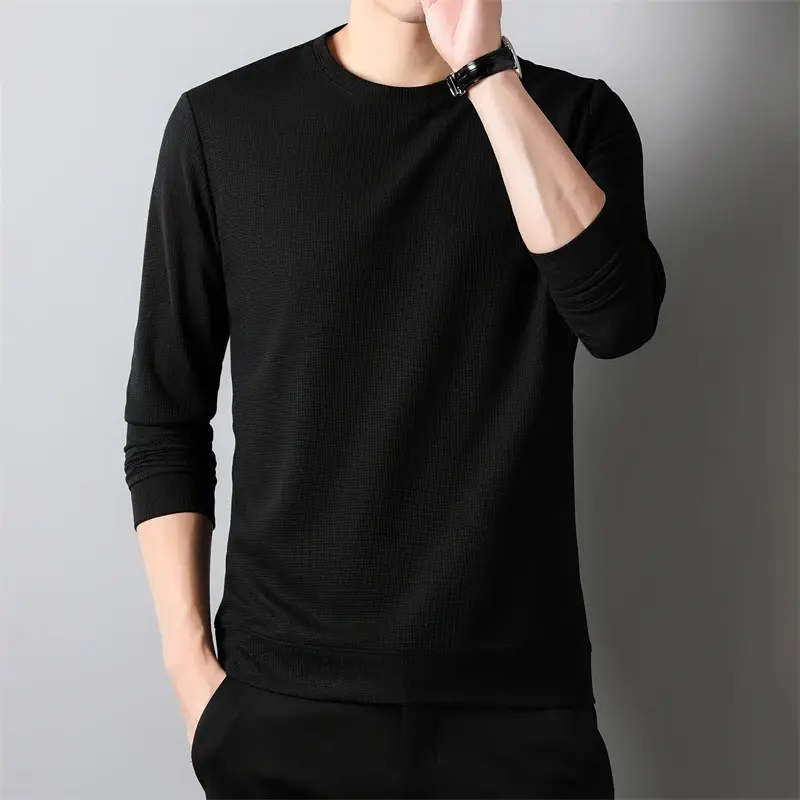 New Men's Business Casual Long Sleeved Solid Color Round Neck T-shirt for Autumn Winter Comfortable Fashionable Versatile Top