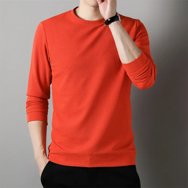 New Men's Business Casual Long Sleeved Solid Color Round Neck T-shirt for Autumn Winter Comfortable Fashionable Versatile Top