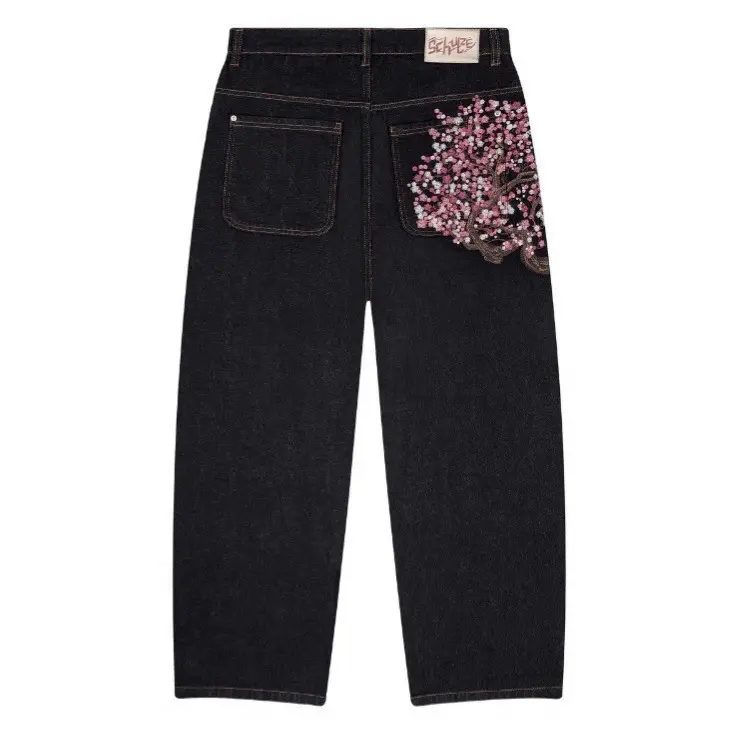 Derschutze Vintage Plum Blossom Embroidered Jeans Straight Leg Pants Men Women Casual Streetwear Fashion Denim Trousers Trendy U