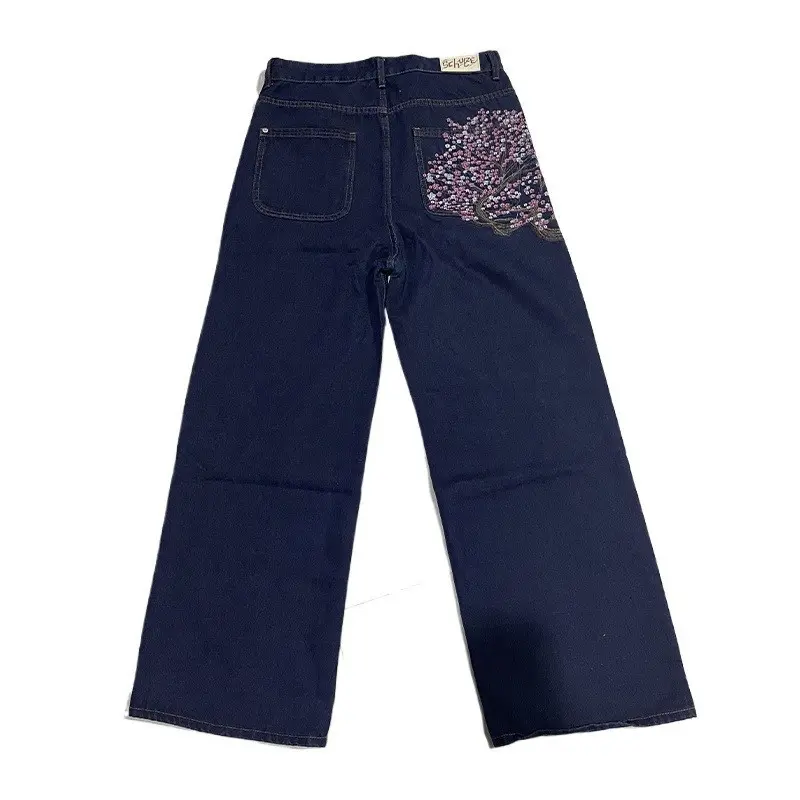 Derschutze Vintage Plum Blossom Embroidered Jeans Straight Leg Pants Men Women Casual Streetwear Fashion Denim Trousers Trendy U