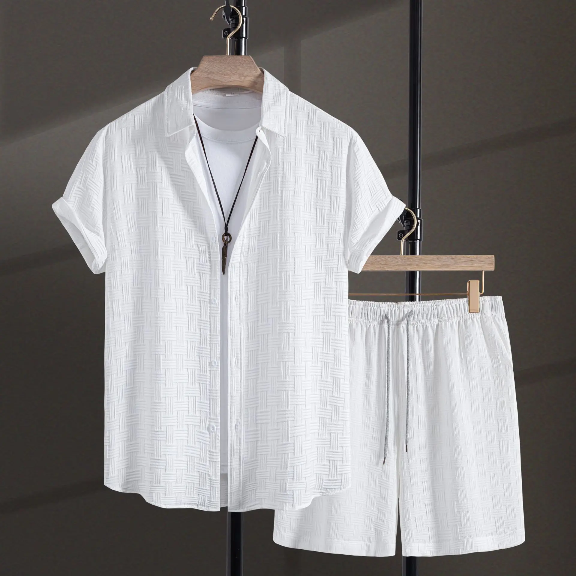 2025 Summer Men Cotton Linen Shirt Set Short Sleeve Ethnic Print Tribal Pattern 2 Piece Resort Vacation Outfit Breathable Mens