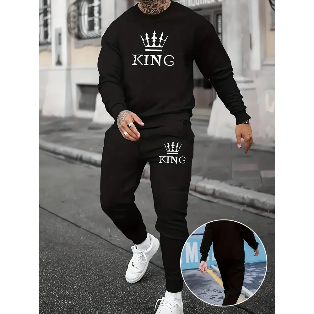 KING Print Men's 2-piece Clothing,casual Round Neck Long-sleeved Pullover Sweatshirt and Drawstring Sweatpants Jogging Pants Set