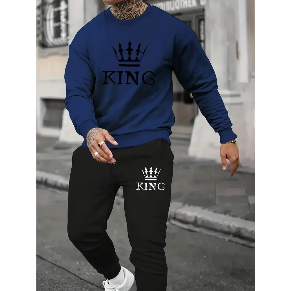 KING Print Men's 2-piece Clothing,casual Round Neck Long-sleeved Pullover Sweatshirt and Drawstring Sweatpants Jogging Pants Set