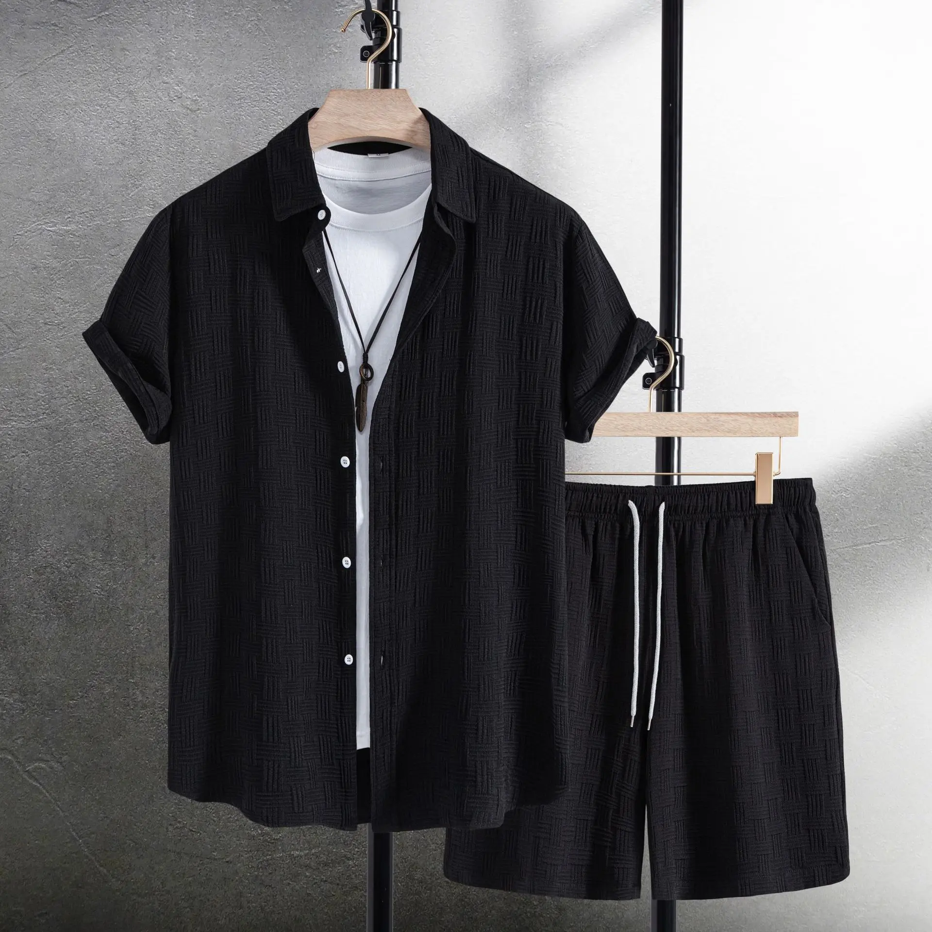 2025 Summer Men Cotton Linen Shirt Set Short Sleeve Ethnic Print Tribal Pattern 2 Piece Resort Vacation Outfit Breathable Mens