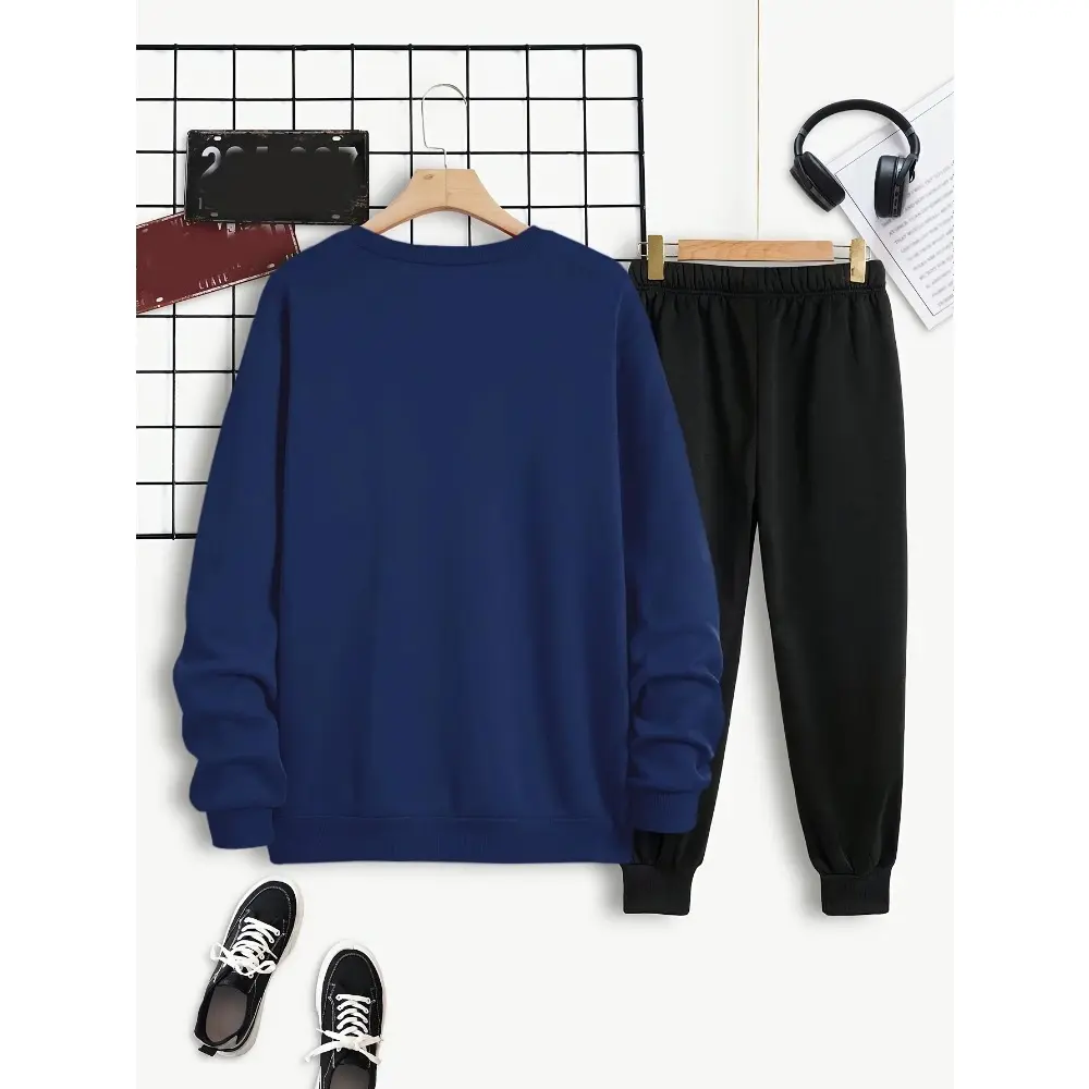 KING Print Men's 2-piece Clothing,casual Round Neck Long-sleeved Pullover Sweatshirt and Drawstring Sweatpants Jogging Pants Set