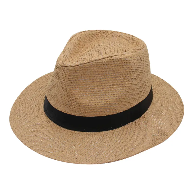 Retro Men's Summer Straw Hat Solid Color Casual Jazz Hat Beach Sun Hat Sun Protection and UV Protection Wide Brimmed Hat 57cm