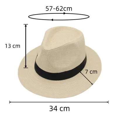 Retro Men's Summer Straw Hat Solid Color Casual Jazz Hat Beach Sun Hat Sun Protection and UV Protection Wide Brimmed Hat 57cm