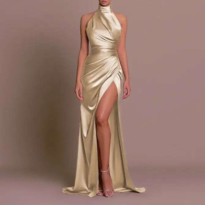 2025 Summer New Style Stand Up Collar Long Dress with European and American Style Elegant Hanging Neck Sleeveless Slimming Dress