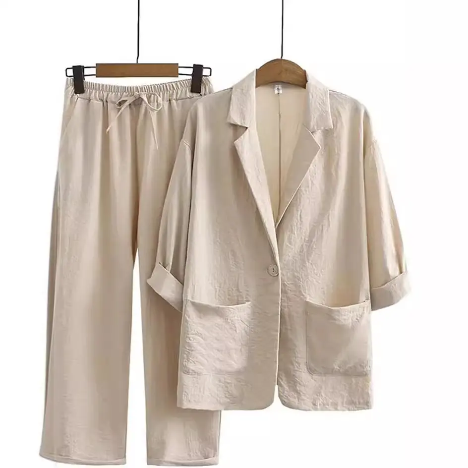 Women's 2025 Autumn Cotton Linen Suit Set Loose Casual Commuting Outfit Pocket Pants & Jacket Set Breathable Office Daily