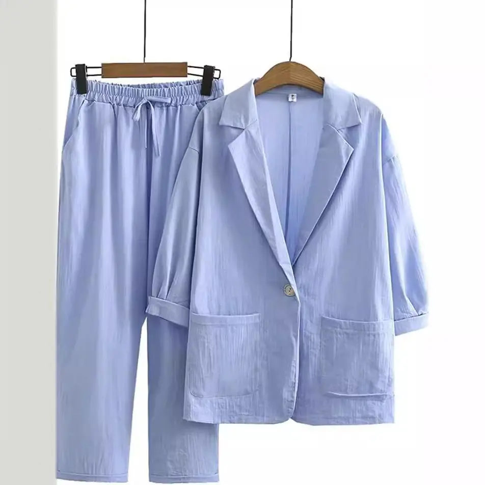 Women's 2025 Autumn Cotton Linen Suit Set Loose Casual Commuting Outfit Pocket Pants & Jacket Set Breathable Office Daily