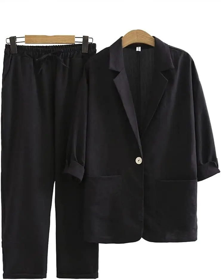 Women's 2025 Autumn Cotton Linen Suit Set Loose Casual Commuting Outfit Pocket Pants & Jacket Set Breathable Office Daily