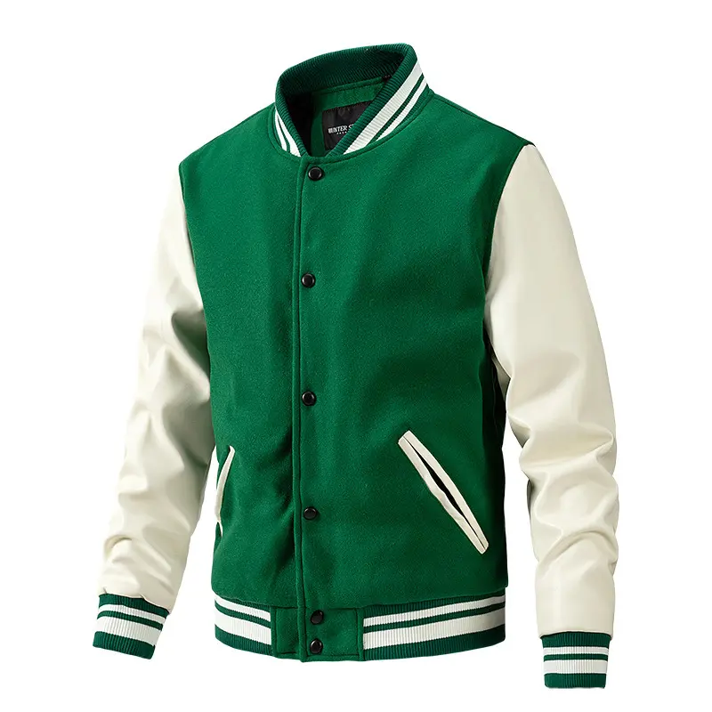 Mens American Bomber Jacket PU Sleeves Autumn Winter Casual Baseball Uniform Trendy Brand Coat Windproof Outerwear