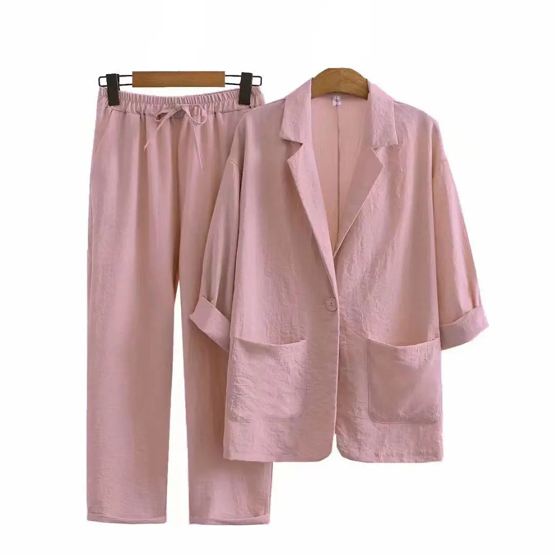 Women's 2025 Autumn Cotton Linen Suit Set Loose Casual Commuting Outfit Pocket Pants & Jacket Set Breathable Office Daily