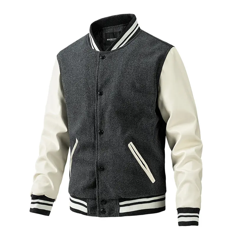 Mens American Bomber Jacket PU Sleeves Autumn Winter Casual Baseball Uniform Trendy Brand Coat Windproof Outerwear