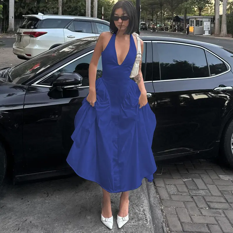 Women's backless V-neck sleeveless evening gown sexy summer long dress 2023 fashionable and elegant disco party women's clothing
