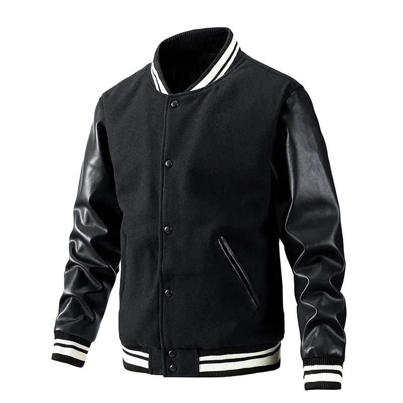 Mens American Bomber Jacket PU Sleeves Autumn Winter Casual Baseball Uniform Trendy Brand Coat Windproof Outerwear