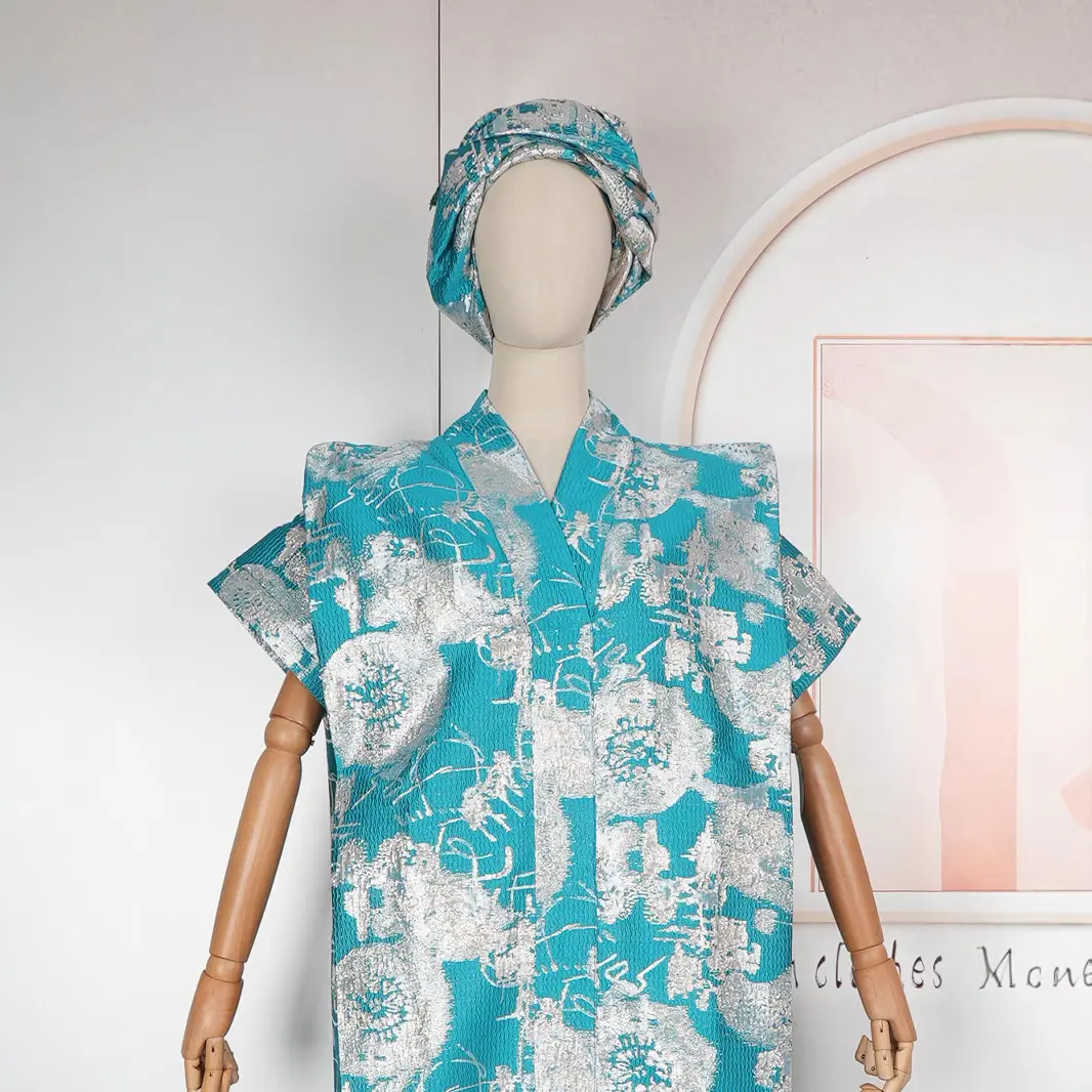 2025 New Ankara African Print Plus Size Loose Fit Muslim Maxi Abaya Kaftan Dress with Matching Hijab Scarf Jacquard Fabric