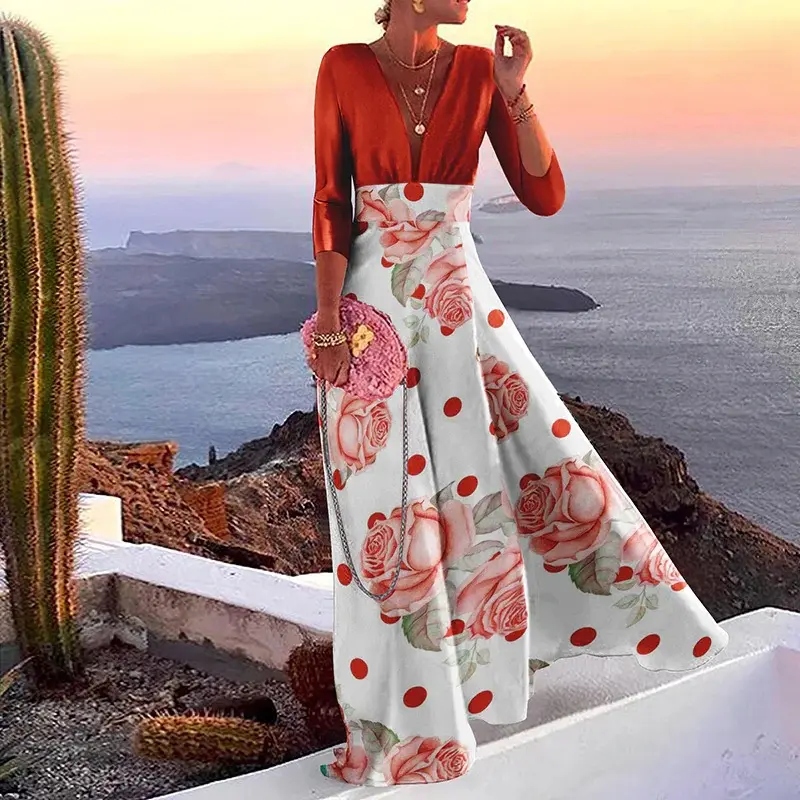 2025 European and American New Women's Fashion Elegant Temperament Personalized Commuting V-neck Party Long Dress for Women