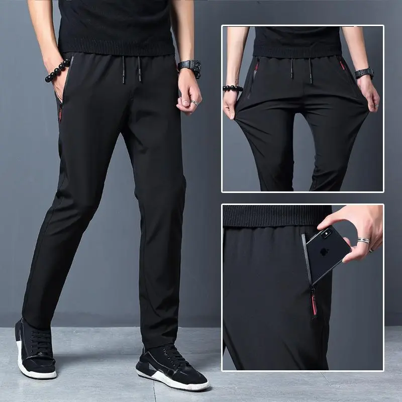 Men's Summer Silk Pants Loose Straight Leg Casual Stretch Lightweight Zipper Sportswear Activewear Breathable Slim Fit Trousers