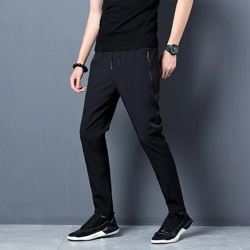 Men's Summer Silk Pants Loose Straight Leg Casual Stretch Lightweight Zipper Sportswear Activewear Breathable Slim Fit Trousers