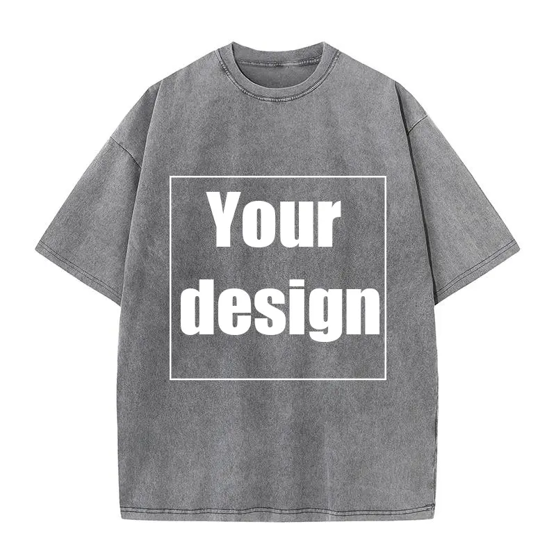 Customized Printed T-shirt for Men and Women, Washed Cotton Retro DIY Photo Logo Fashionable Streetwear, Casual Top 2025