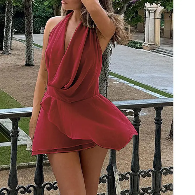 Summer 2025 Women's Sexy Deep V-neck Backless Irregular Dress Sleeveless Slim Mini Dress Club Party Beachwear Casual Wear