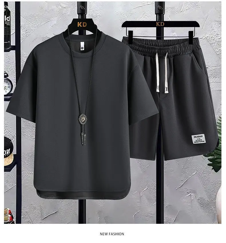 2025 Fashion Suit Waffle T-shirt Trendy Summer New Men's Short-sleeved T-shirt Shorts Casual Versatile Two-piece Suit