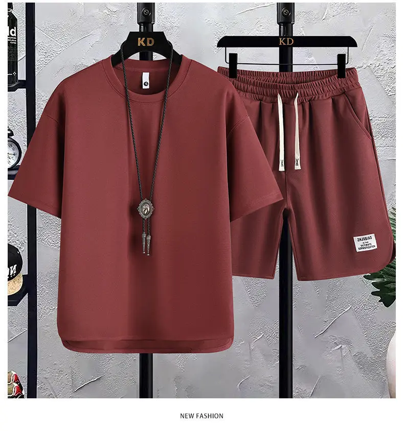 2025 Fashion Suit Waffle T-shirt Trendy Summer New Men's Short-sleeved T-shirt Shorts Casual Versatile Two-piece Suit