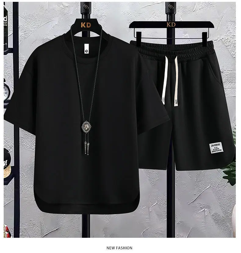 2025 Fashion Suit Waffle T-shirt Trendy Summer New Men's Short-sleeved T-shirt Shorts Casual Versatile Two-piece Suit