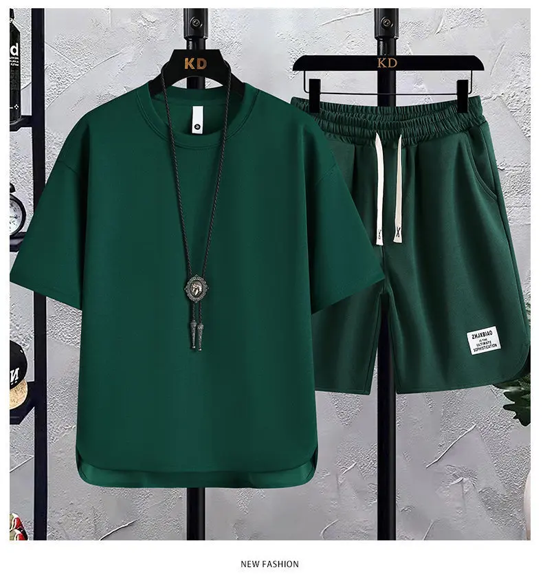 2025 Fashion Suit Waffle T-shirt Trendy Summer New Men's Short-sleeved T-shirt Shorts Casual Versatile Two-piece Suit