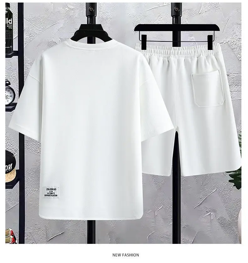2025 Fashion Suit Waffle T-shirt Trendy Summer New Men's Short-sleeved T-shirt Shorts Casual Versatile Two-piece Suit