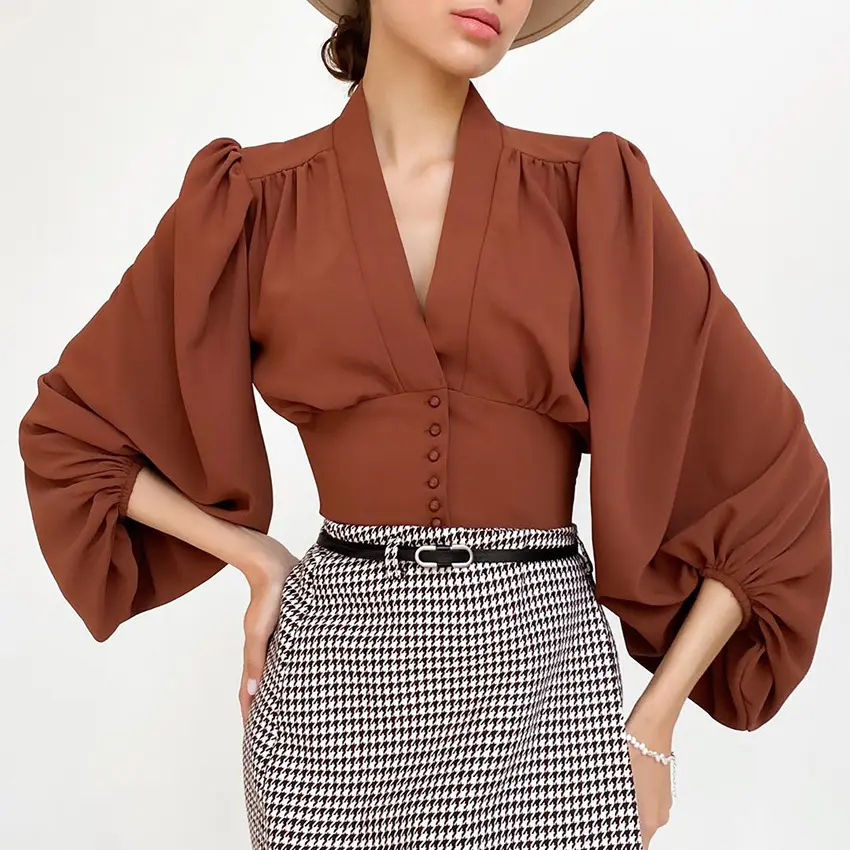 New French V-neck lantern sleeve shirt for summer 2025, fashionable and casual, solid color, versatile long sleeved shirt