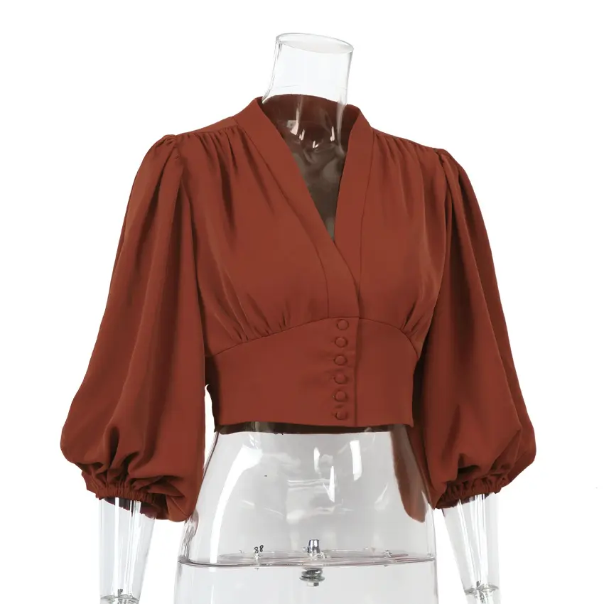 New French V-neck lantern sleeve shirt for summer 2025, fashionable and casual, solid color, versatile long sleeved shirt