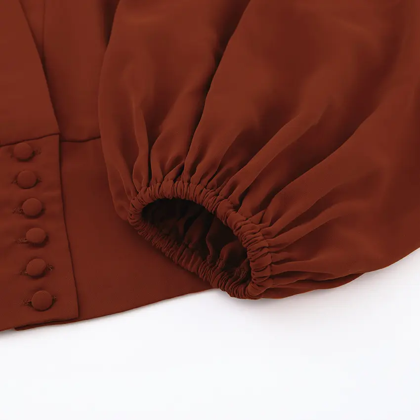 New French V-neck lantern sleeve shirt for summer 2025, fashionable and casual, solid color, versatile long sleeved shirt