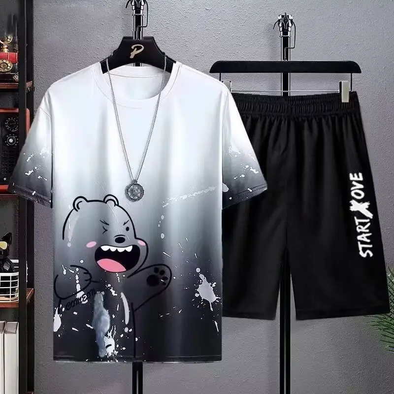 2025 Mens Summer Quick Dry Sportswear 2-Piece Set Lightweight Athletic Gym Training Outfit Breathable Hot Weather T-Shirt Shorts