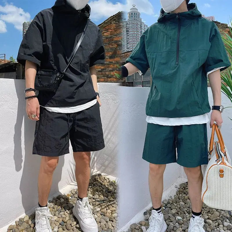 Mens 2025 Summer 2-Piece Set Loose Fit Hooded Zip-Up Shorts Breathable Utility Streetwear Solid Color Athleisure Gym Casual