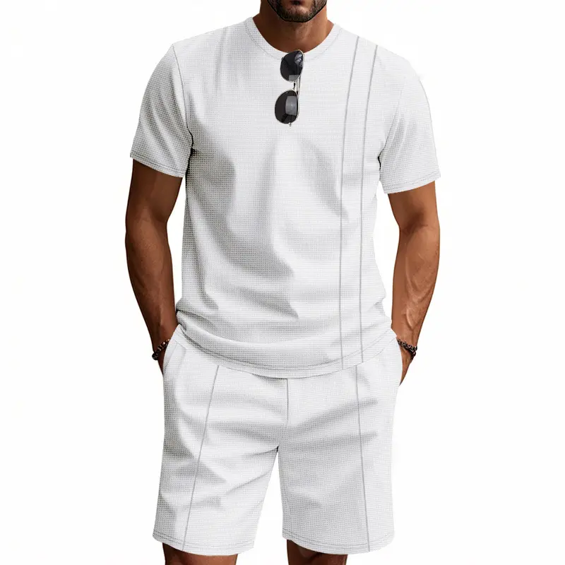 Mens Waffle Shorts Set Loose Fit Round Neck Short Sleeve Comfortable Breathable Cotton Minimalist INS Style Summer Casual Outfit