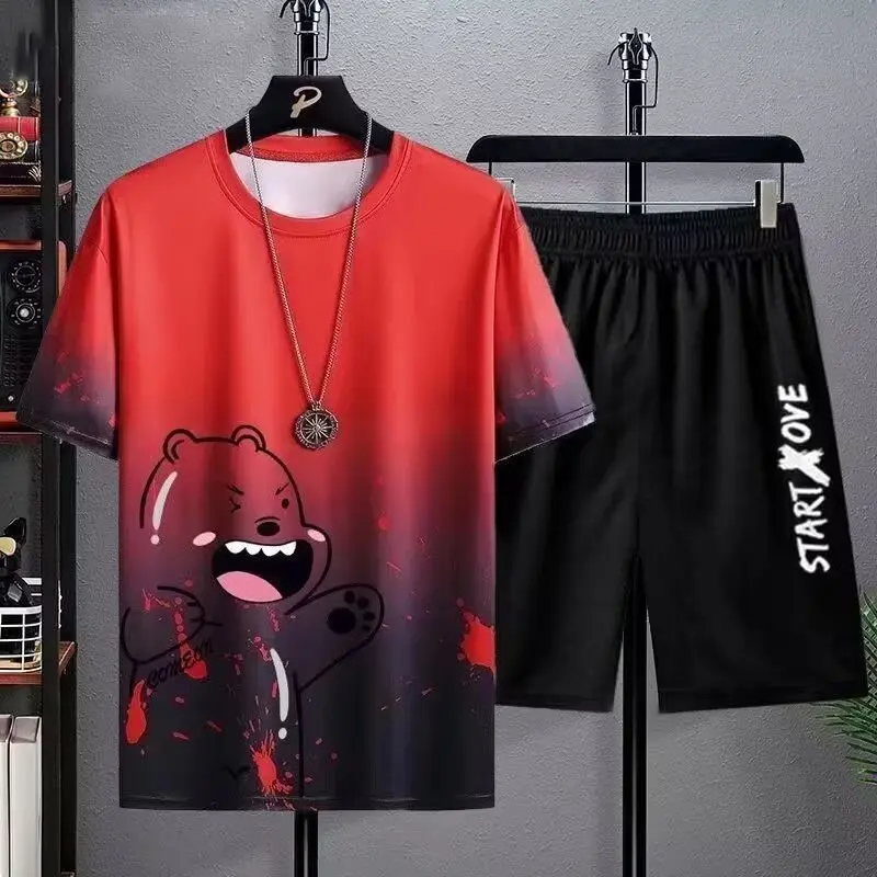 2025 Mens Summer Quick Dry Sportswear 2-Piece Set Lightweight Athletic Gym Training Outfit Breathable Hot Weather T-Shirt Shorts